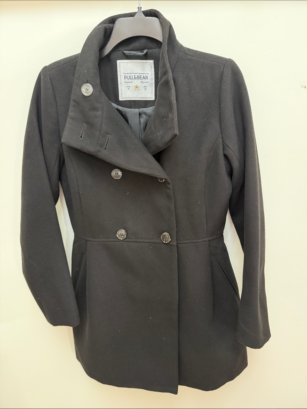 Pull&Bear Black Double-Breasted Pea Coat